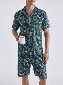 Men's Hyper All Over Print Lapel Button Front Pajama Set With Bermuda Shorts Loungewear - Multicolor - View 3
