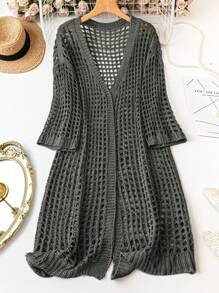 Breezaya 寬鬆款海灘度假純色鉸空針織長款開衫外套，大尺碼 - 灰色 - 查看 1