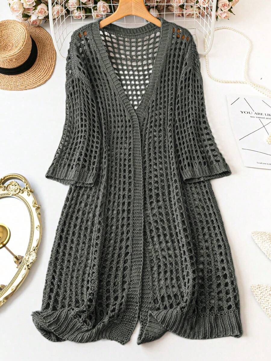 Breezaya 寬鬆款海灘度假純色鉸空針織長款開衫外套，大尺碼 - 灰色 - 查看 1