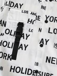 SHEIN Tween男童加大碼全印花英文字母立領短袖鈕扣恤衫和短褲套裝，夏季 - 白色 - 查看 6