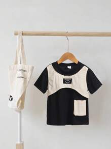 SHEIN 1 peça Camiseta Esportiva Casual com Bolso de Trabalho de Gola Redonda de Bloco de Cor para Menino Jovem para uso Diário e Exercícios