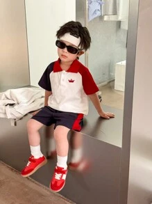 Young Boy Stylish Color-Block Short Sleeve Polo Shirt And Shorts Set - Multicolor - View 6