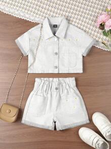 Baby Girl Frayed & Embroidered Denim Shorts Set - Black and White - View 1