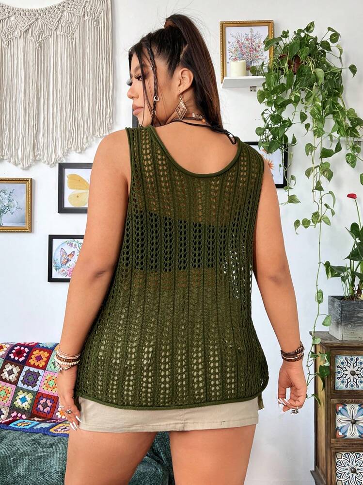 Flirla Vintage Top für große Größen mit Hohlmusterstrick - Armeegrün - Übersicht 2