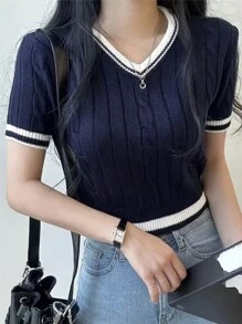 INAWLY Plus Size Color Block Short Sleeve Knit Top For Casual Summer