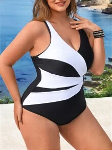 Swim Lushoire Plus Size Women's Stylish Black & White Colorblock Waist Cinched One-Piece Swimsuit,Summer Beach