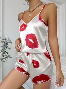 Set de pijama pentru camisole și pantaloni scurți cu imprimeu de buze din imitație de mătase Set alb