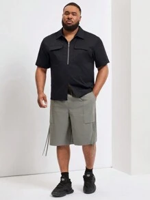 Manfinity Homme Men's Plus Size Summer Solid Color Workwear Short Sleeve Casual Shirt With Zipper And Pockets - Black - View 6