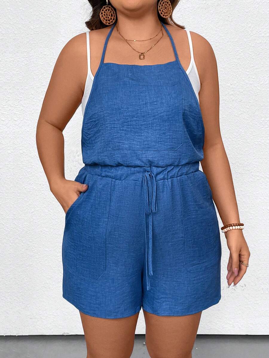 SHEIN LUNE Plus Size Summer Holiday Casual Solid Color Halter Backless Jumpsuit - Blue - View 1