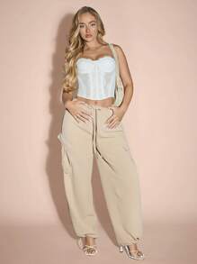 SHEIN BAE Pantalones de verano de carga tipo paracaídas sólido caqui con cordón, puños elásticos, pernera ancha ajustable - Caqui - Ver 3