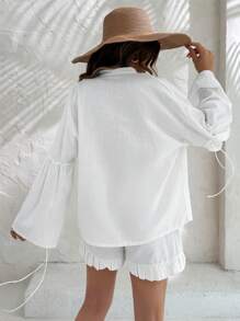 EURMUSE Cotton Women Blouses With Tassels & Shorts With Ruffles - White - View 2