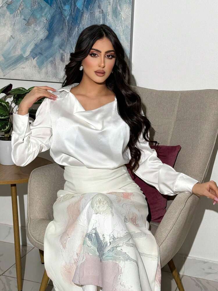 Elegant Solid Color Draped Neck Long Sleeve Regular Shoulder Shirt