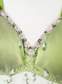 Mesh Embroidered Plus Size Sexy Lingerie Dress + Thong Set - Olive Green - View 3