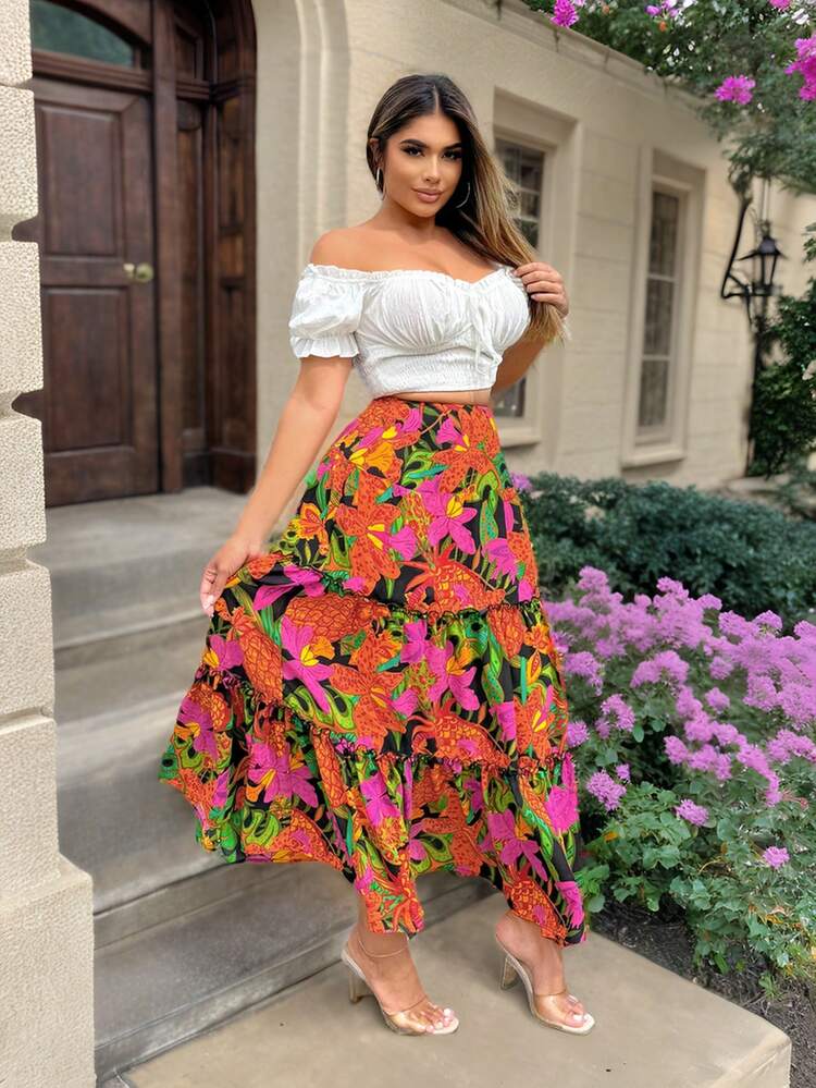 Summer Women's Bohemian Seaside Vacation Floral Print Tower Skirt Women's Layered Ruffle Skirt