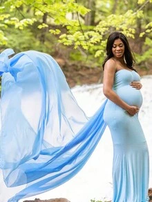 Maternity Tube Top Dress With Long Chiffon Train For Baby Shower Photoshoot - Baby Blue - View 6