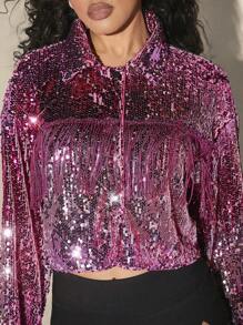 Hauture Fringe Trim Sequin Crop Jacket - Purple - View 4