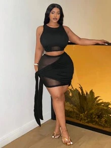 Maweii Ensemble de haut court et jupe froncée à taille cravate pour femme grande taille en maille pour l'été - Noir - Voir 3