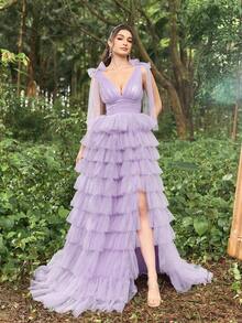Faeriesty Váy dạ hội cổ chữ V sâu có lưới viền bánh dành cho nữ - Màu Lilac Tím - Xem 7