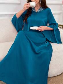 Al Najma Vestido árabe de un solo color sencillo para la vida cotidiana, con aberturas y mangas abombadas, para primavera y verano, vestido largo modesto y elegante de manga larga y longitud total tipo kaftan - Azul - Ver 1