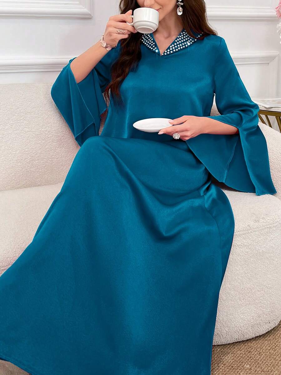 Al Najma Vestido árabe de un solo color sencillo para la vida cotidiana, con aberturas y mangas abombadas, para primavera y verano, vestido largo modesto y elegante de manga larga y longitud total tipo kaftan - Azul - Ver 1