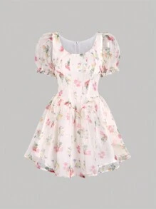 Lunelith SHEIN Lunessa Women's Summer Floral Print A-Line Puff Sleeve Sweet And Romantic Dress