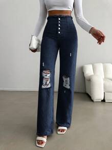 SHEIN Cottnline Vaqueros De Mezclilla Desgastados Con Botones En La Parte Delantera Para Mujer - Azul lavado oscuro - Ver 6