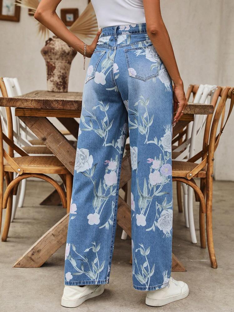 Women's Floral Pattern Casual Daily Matching Straight Leg Jeans
