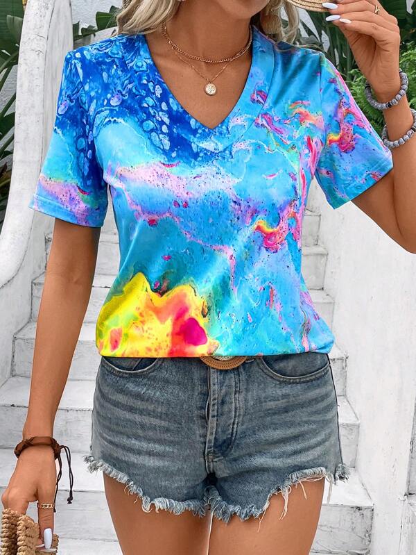 LONESS Women Tie-Dye Print V Neck Short Sleeve Casual T-Shirt For Summer