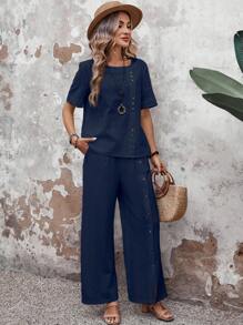 EMERY ROSE 女性時尚寬鬆側扣設計短袖上衣和長褲套裝 - 藏蓝色 - 查看 4