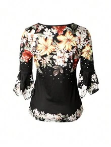 女款V領花卉A字型3/4袖上衣T恤 - 彩色 - 查看 2