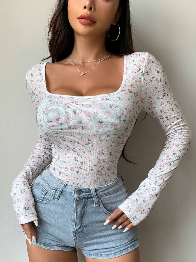 Women's Spring/Summer Ditsy Floral Slim Fit Long Sleeve T-Shirt With Square Neckline Y2k,Fall Clothes