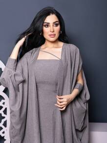 Al Najma Women's Solid Color Casual Spring/Summer Dress And Split Sleeves Batwing Loose Long Coat 2pcs/Set - Grey - View 5