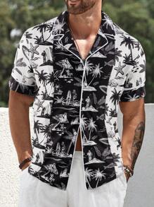 Manfinity RSRT Camisa casual de hombre con estampado de árbol de palma y mangas cortas para resort (corte al azar) - Multicolor - Ver 1