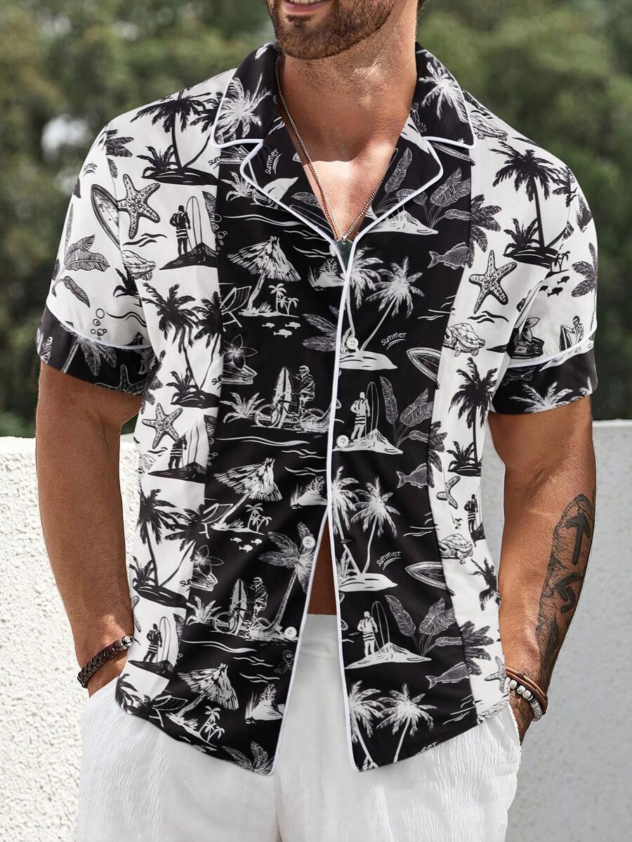 Manfinity RSRT Camisa casual de hombre con estampado de árbol de palma y mangas cortas para resort (corte al azar) - Multicolor - Ver 1