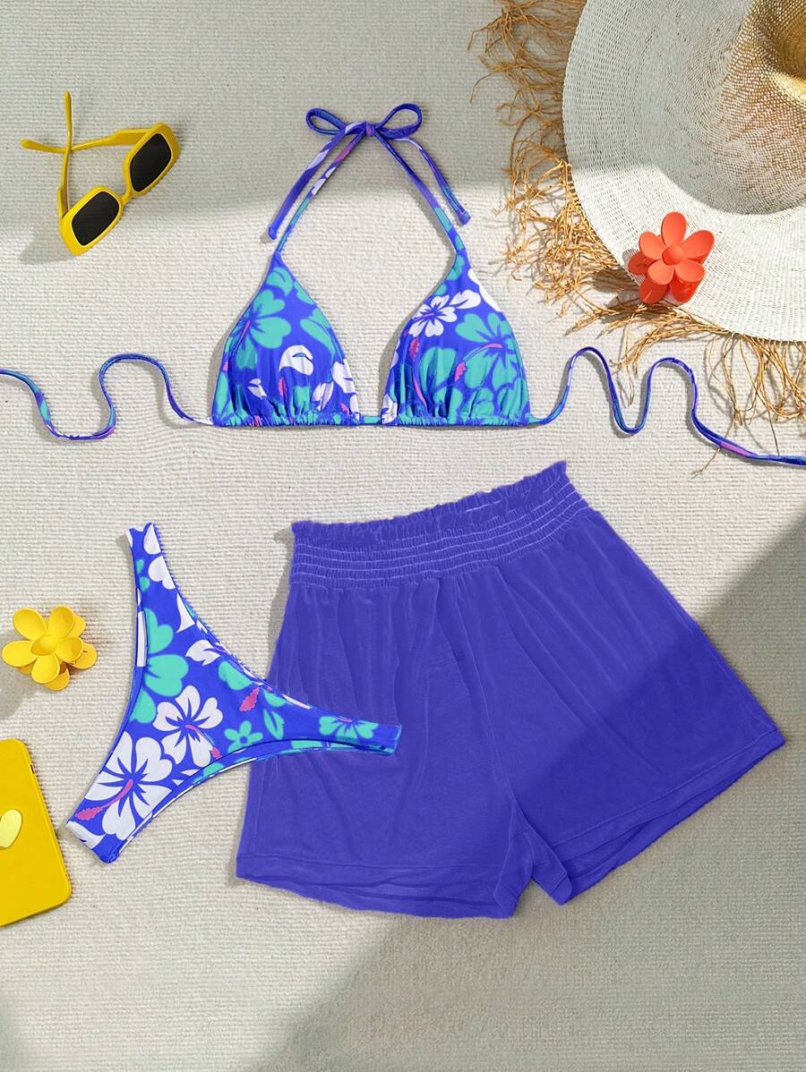 女士夏季沙灘花卉印花露背頸綁式性感比基尼套裝，配披裙 - 寶藍色 - 查看 1