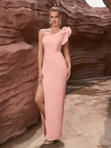 ADYCE Women Summer Solid Color One Shoulder Ruffle High Slit Cocktail Party Dress - Pink - View 5