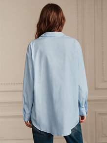 Anewsta Blue Striped Casual Casual Hollow Out Burnt-Out Embroidery Turn-Down Collar Long Sleeve Shirt