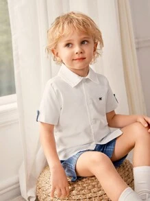 SHEIN 2pcs YoungBoy Outfit, Short Sleeve Graphic Shirt And Breathable Plaid Shorts, Suitable For Spring/Summer, School, Party - White - View 6