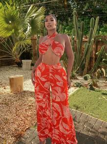 SHEIN SXY Orange Two Pieces Sets Summer Sets Boho Women Clothing Beach Vacation Women Clothes Linen - Orange - View 1