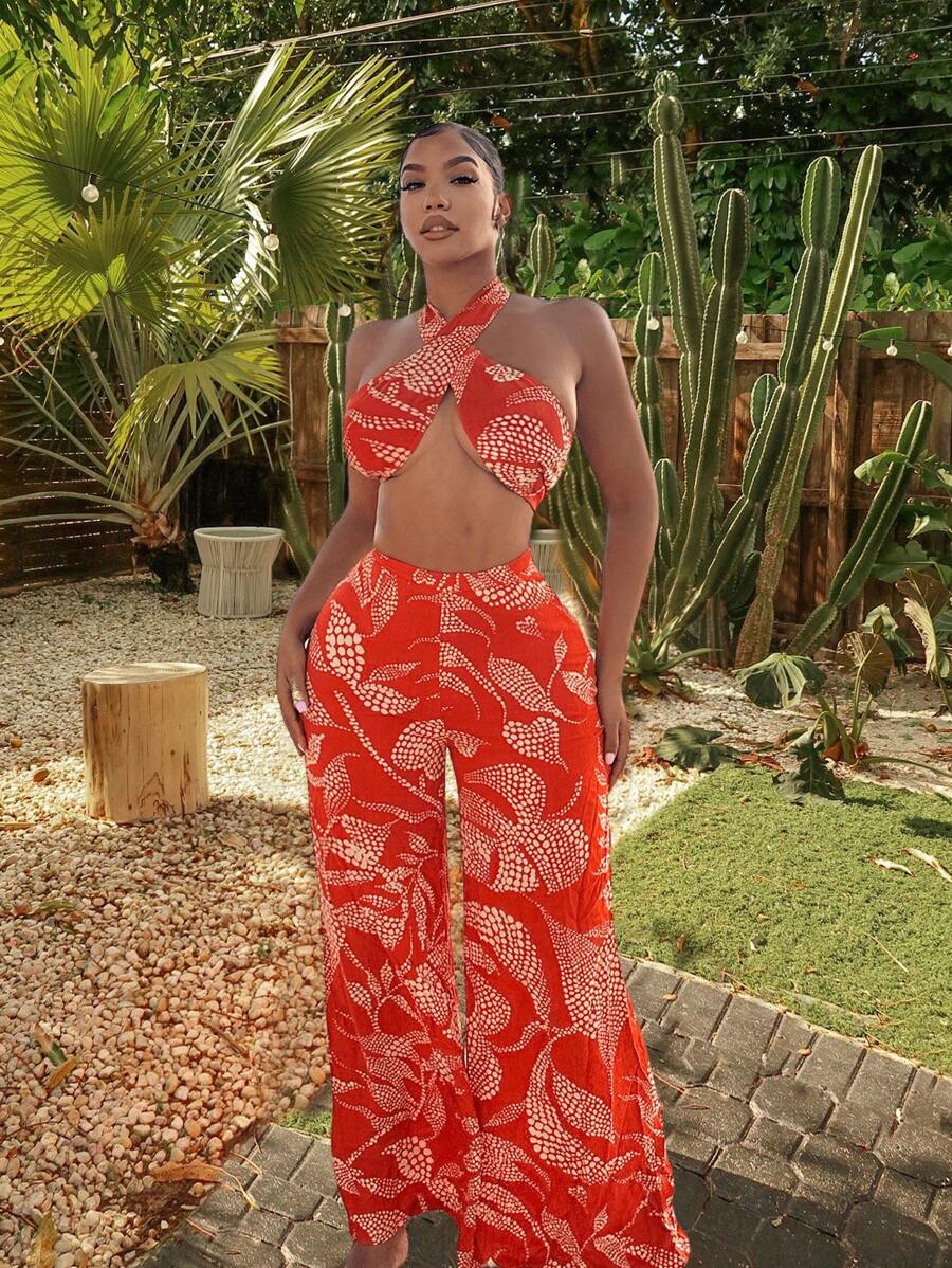 SHEIN SXY Orange Two Pieces Sets Summer Sets Boho Women Clothing Beach Vacation Women Clothes Linen - Orange - View 1