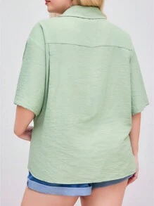 INAWLY Plus Size Summer Casual Solid Color Short Sleeve Shirt - Yellow - View 2