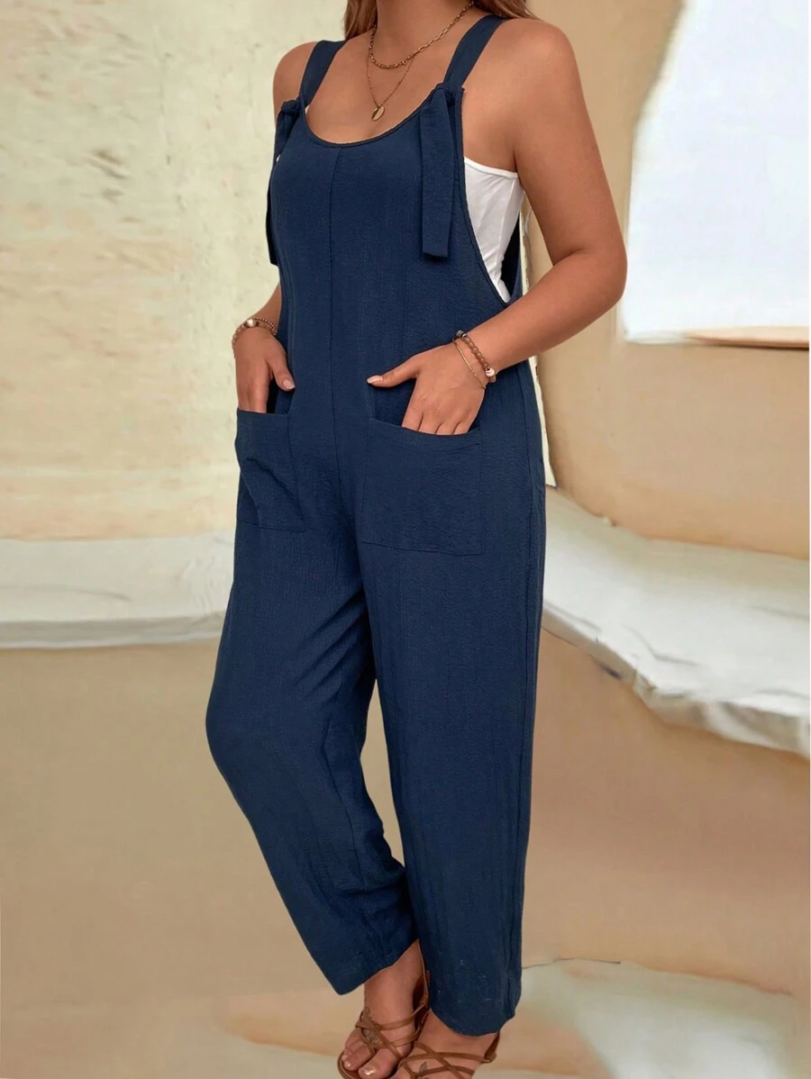 SHEIN LUNE 女裝大碼純色背帶口袋休閒連身褲,夏季必備 - 藏蓝色 - 查看 1