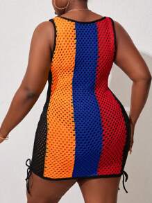 Maweii 大尺碼女士對比色中空毛衣連衣裙，適用於日常穿著 - 橘色 - 查看 2