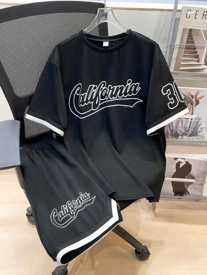 SHEIN 青少年男孩休閒彩塊短袖上衣，印花圖案和編織膠帶裝飾，短褲套裝，舒適版型