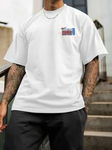 Manfinity LEGND Camiseta casual de manga corta con cuello redondo para hombre de talla grande con estampado de letras y coches para verano