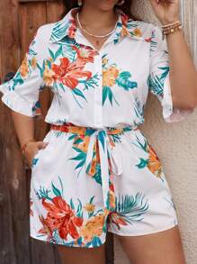 SHEIN VCAY Plus Size Boho Floral Print Shirt Collar Casual Romper With Ruffle Hem, Belted Waistband, Perfect For Holiday, Summer - Multicolor - View 1