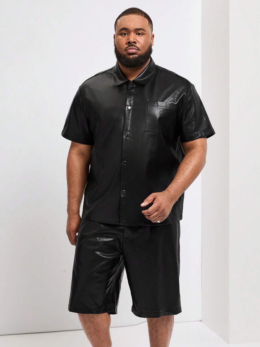 Manfinity Homme Men's Plus Size Solid Color Simple Short Sleeve Shirt And Shorts Set - Black - View 1