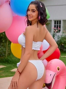 Swim Mod Women's Summer Beach Solid Color Ruffle Bandeau Bikini Set, Removable Padded Bra Cups, Special Fabric - White - View 4