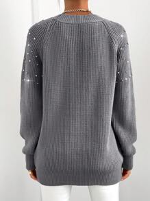 EURMUSE Suéter De Punto Con Mangas De Raglán Y Detalle De Perlas En Las Costuras - Gris - Ver 2