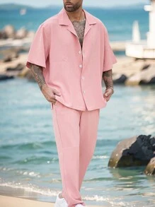 Set estivo casual uomo con camicia e pantaloni a maniche corte e colore unito, ampi e alla moda - Rosa - Visualizzare 1